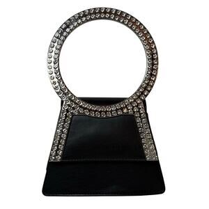 NWOT Unusual Black Silver Rhinestone Evening Bag Round Handle Chain Strap